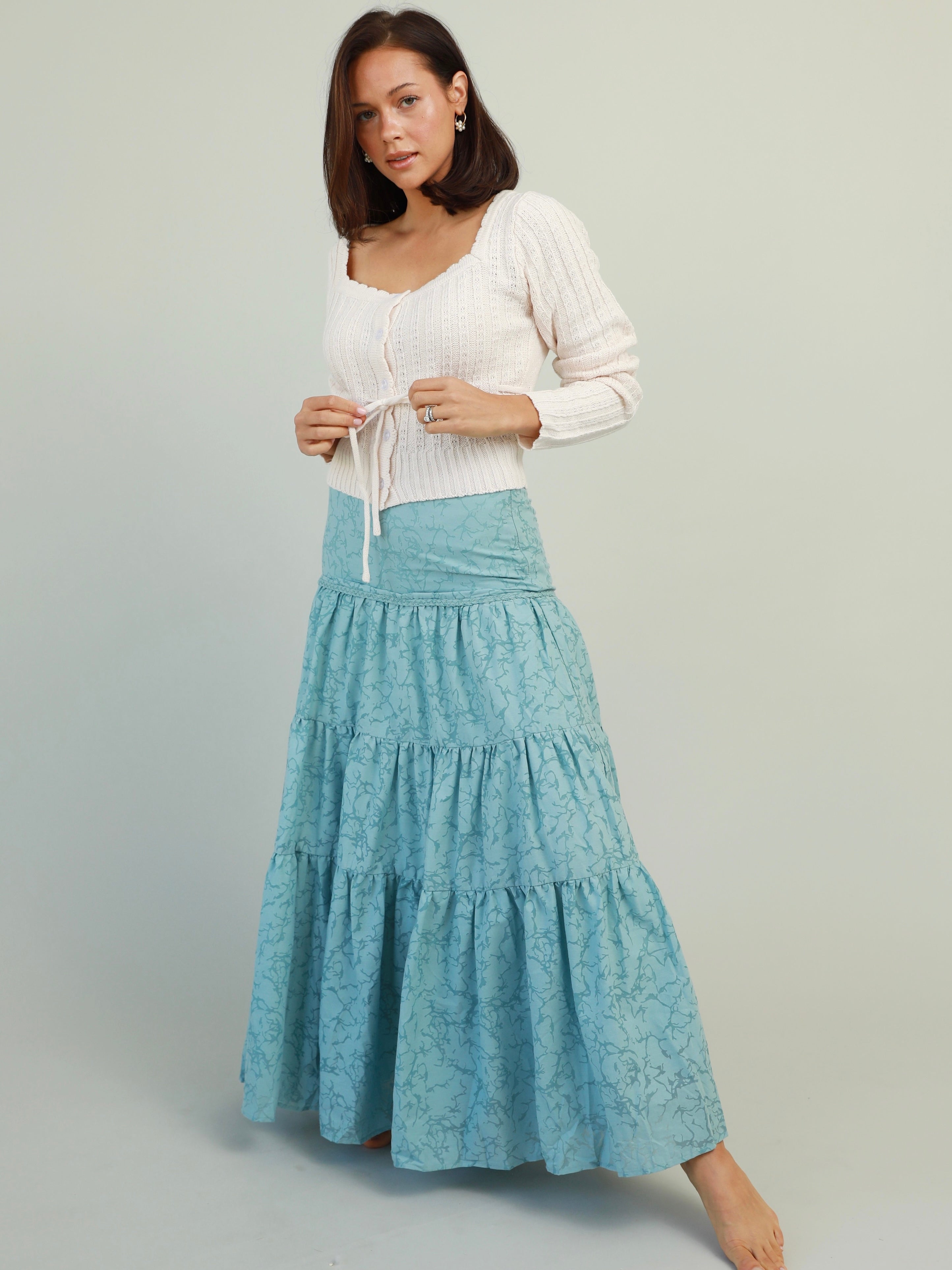 Ocean Blue Tiered Maxi Skirt with Braid Detail