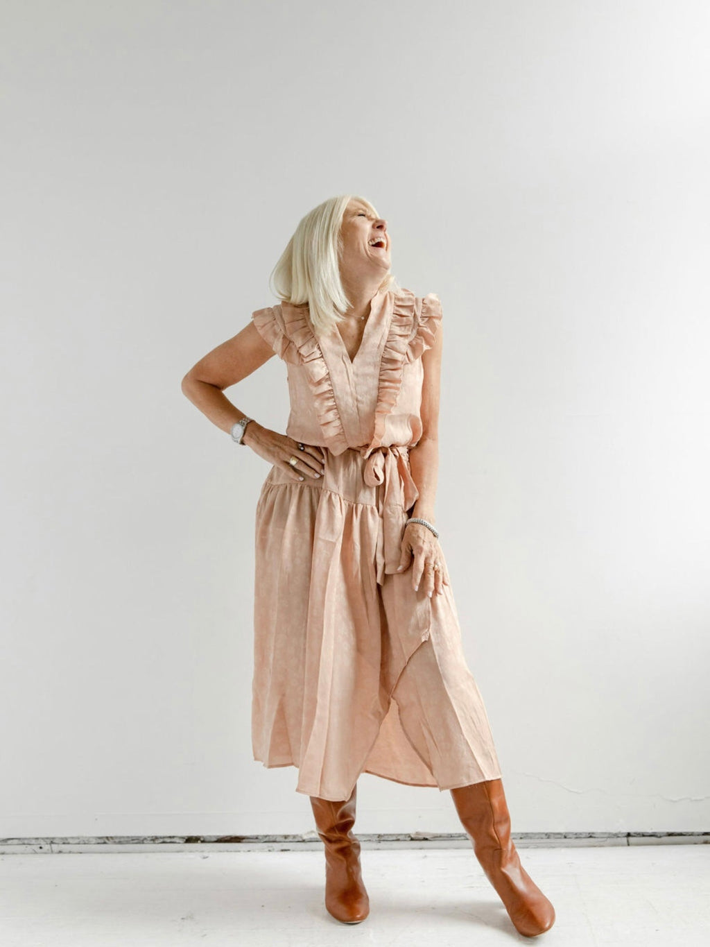 Apricot Ruffle Shoulder Wrap Midi Dress