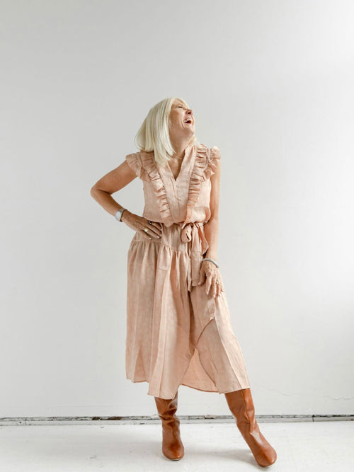 Apricot Ruffle Shoulder Wrap Midi Dress