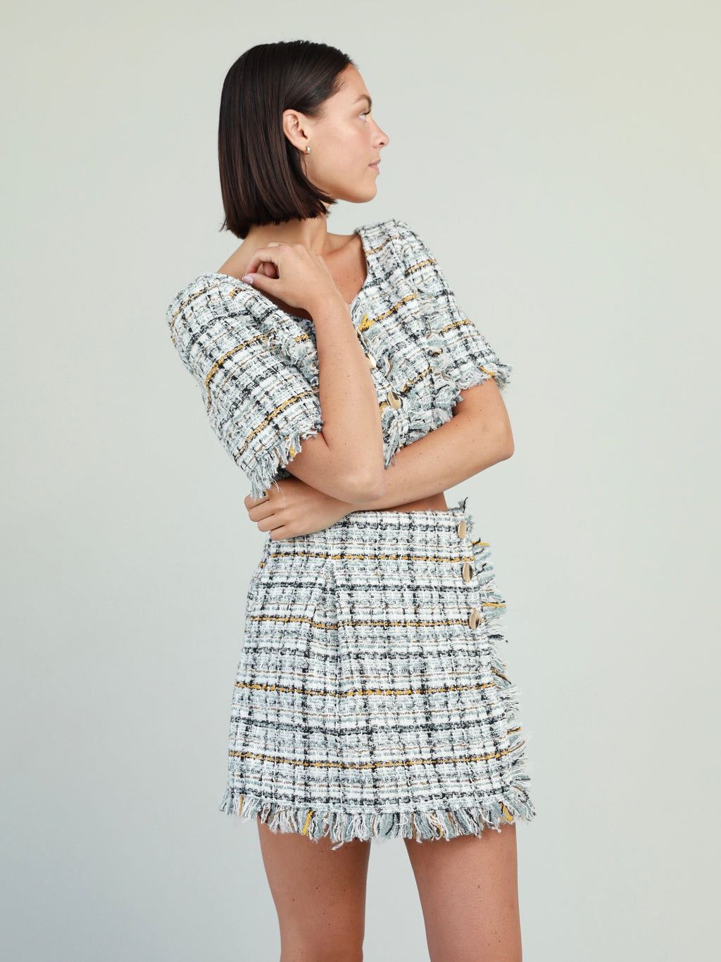 Plaid Knit Top and Skirt Set with Gold Buttons