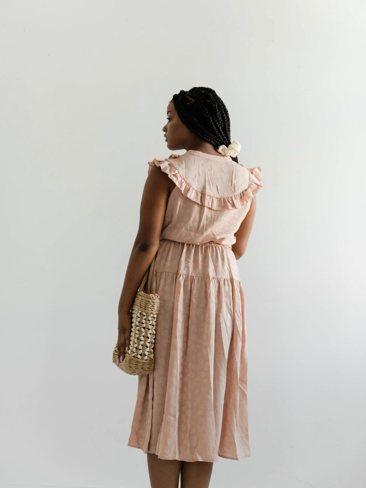 Apricot Ruffle Shoulder Wrap Midi Dress
