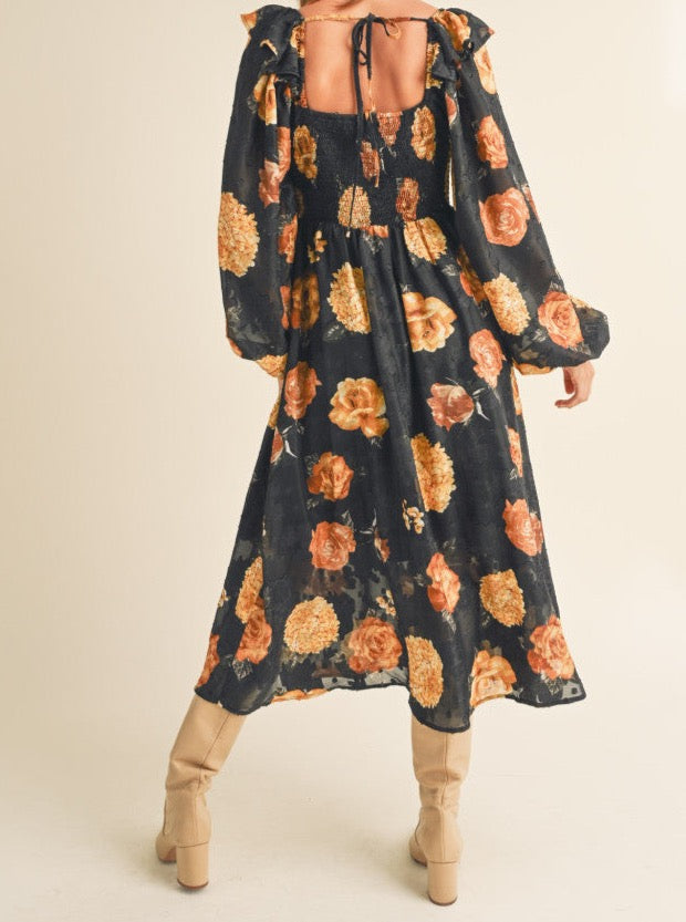 Black Floral Balloon Sleeve Midi Dress with Square Neckline