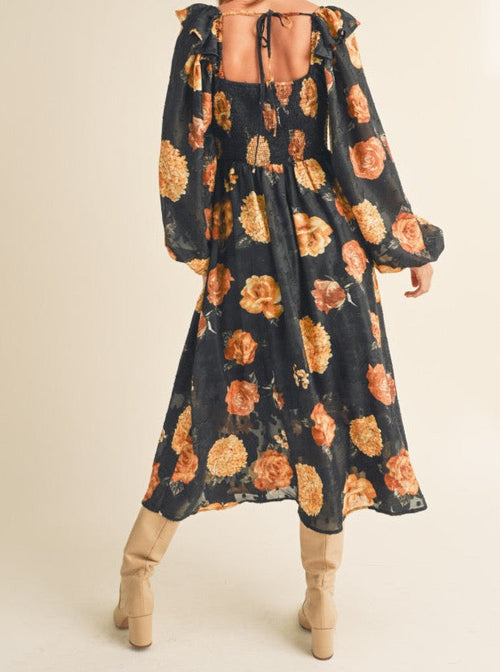 Black Floral Balloon Sleeve Midi Dress with Square Neckline