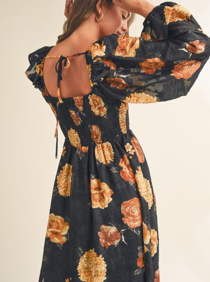 Black Floral Balloon Sleeve Midi Dress with Square Neckline