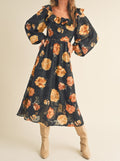 Black Floral Balloon Sleeve Midi Dress with Square Neckline