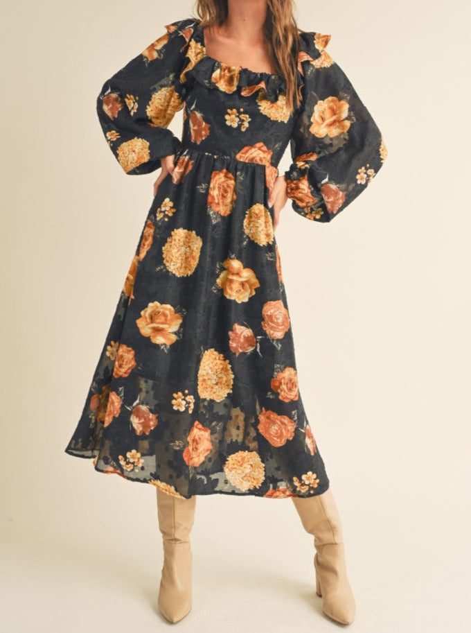 Black Floral Balloon Sleeve Midi Dress with Square Neckline